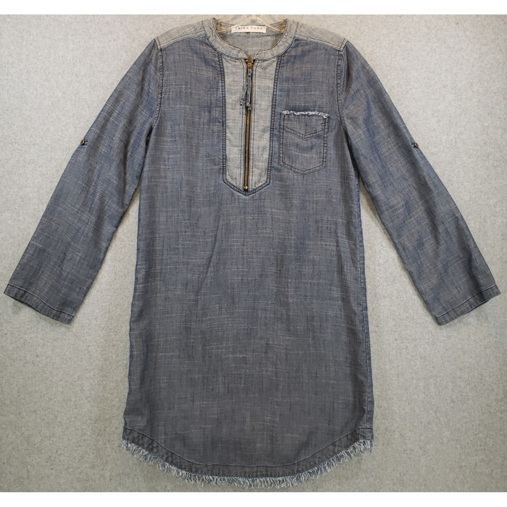 Trina Turk Kaiko Frayed Hem Dress Womens Denim Chambray Size S Mini READ